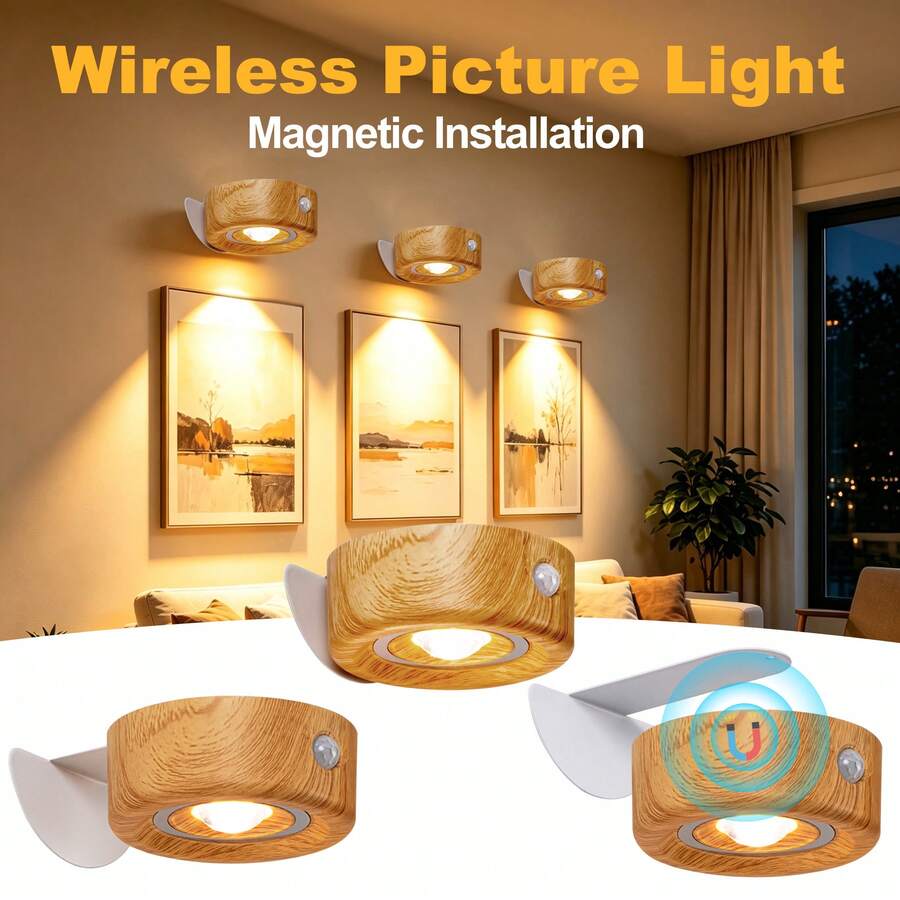 LED Wall Light Battery Powered Wireless LED Picture Light Living Room Furniture Night Light Magnetic Wireless Wall Light & Spotlight Display Light Dimmable Remote Control 3 Lighting Modes Suitable For Photo Frame Artwork And Portrait Lighting Display