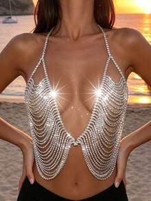 1pc Summer Bling Tassel Rhinestone Bra, Nightclub Beach Party Fashion Bikini, Crystal Chest Chain - Silver - View 3