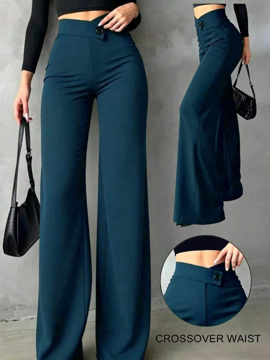 Women's Solid Color Casual Elegant High-Waisted Straight-Leg Pants, Suitable For Daily Outings, Office Commute, Home, Dates, Small Parties, Light Social Occasions - Blue - View 1