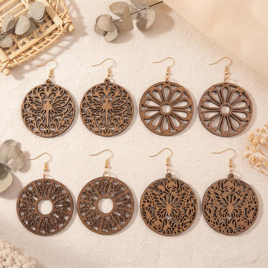 4 Pairs Vintage Bohemian Water Drop Carved Rose Leaf Floral Design Wooden Dangle Earrings Set - Earrings - View 1