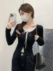 秋冬極簡性感蕾絲拼接鈕扣修身 2合1長袖打底 T-shirt 上衣 - 黑色 - 查看 9
