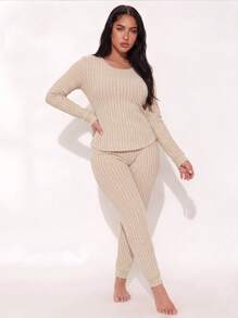 2pcs/Set Set Pakaian Santai Wanita Leher V dengan Manset untuk Musim Semi, Musim Panas, dan Musim Gugur, Set Piyama Rajut Bergaris Leher Bulat Longgar yang Elegan - Aprikot - View 8