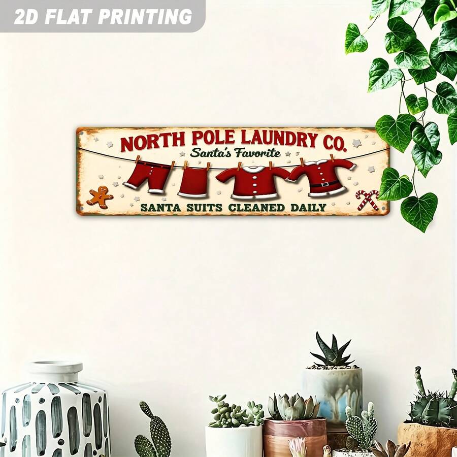 1pc 2D Flat Metal Sign, Santa's Favorite Laundry Company Christmas Decor, Winter Holiday Wall Hanging, Christmas Tree Farmhouse Rustic Style Decorative Sign And Plaque, 3.94x15.75 Inches (Random Style) - A - View 1