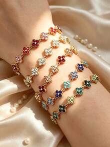 1pc Colorful Fashion Luxury Women's Floral Zirconia Bracelet - Horizontal and Vertical Link - View 3