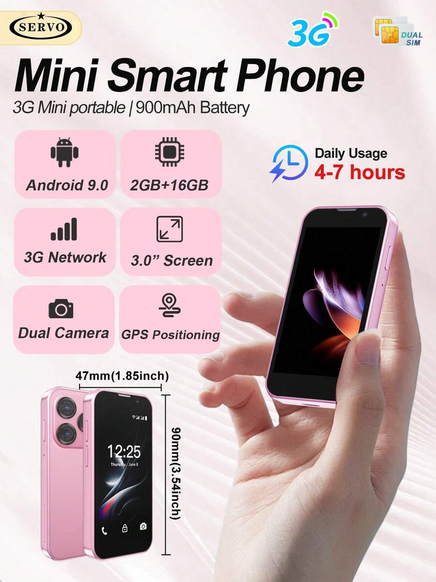 SERVO 16SE Mini Smartphone, Sistem Operasi Android 9.0, WCDMA Dual SIM Dual Standby Jaringan 3G, Layar HD 3.0 Inci, RAM 2GB, Penyimpanan 16GB, Ponsel Pintar Ultra Kompak