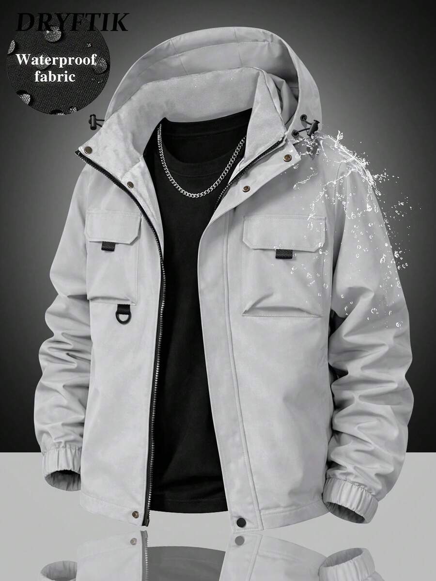 Men's Workwear Jacket With Hood, Multiple 3D Pockets, D-Ring Design, Adjustable Hood Drawstring, Double Zipper Flap, Suitable For Commuting, Outdoor And Street Style - Light Grey - View 1