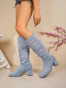 Western Style Petite Height-Increasing Tall Boots For Women, Autumn/Winter New Chunky Heel Slimming Slouchy Riding Boots - Blue - View 1