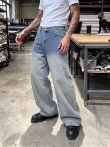 Herr vintage jeans med gradient, vida ben, lös rak passform, klassisk 5-fickorsdesign och gradienttvätt från topp till botten, lämpliga för avslappnad vardagsstil - Ljustvätt - Visa 2