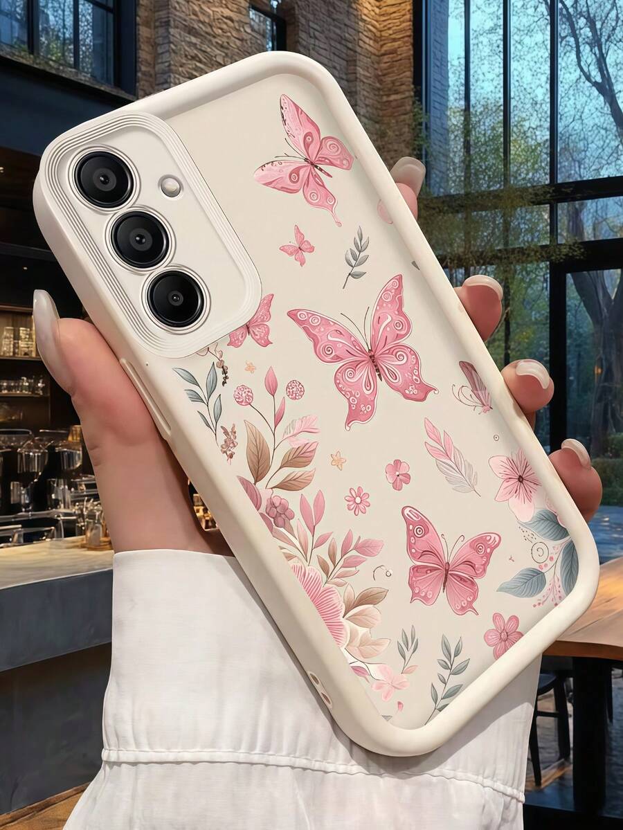 1pc Eye Stair White Frame Cream Color Phone Case, Pink Butterfly & Floral Leaf Print Anti-Drop Soft TPU Protective Cover, Compatible With GALAXY, HONOR, Phones - White - View 1