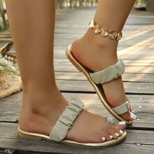 Women's Summer Pleated Toe Strap Flat Slide Sandals, Vacation Beach Style - Apricot - View 13