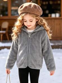 Girls' Fashion Casual Hooded Zip-Up Double-Sided Fleece Jacket, Winter - Grey - View 1