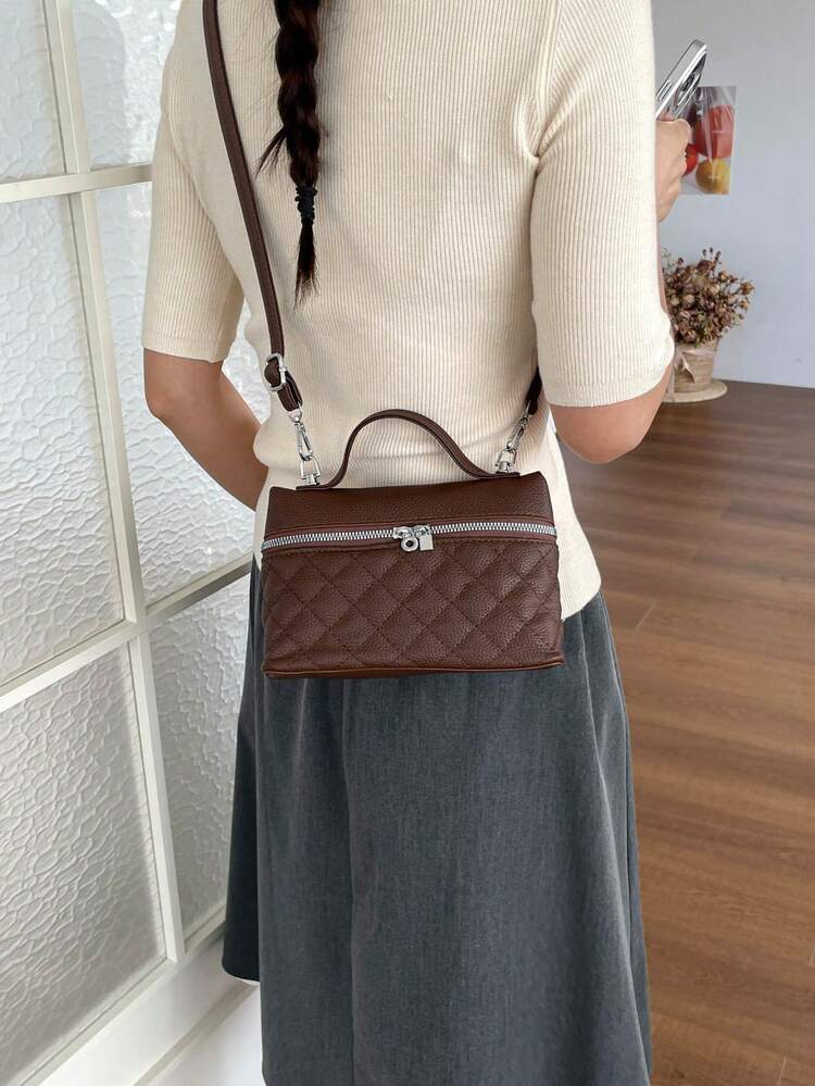 秋冬新款 PU 時尚百搭通勤斜跨包 方形女款通勤包 - 棕色 - 查看 2