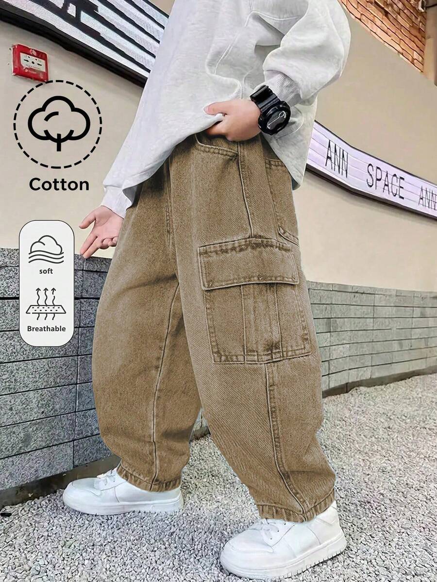 Tween Boy Casual Fashionable Street Style Simple Flap Pocket Cargo Denim Jeans - Khaki - View 1