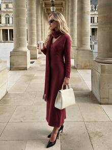 NOVELLE Women's Elegant Wine Red V-Neck Bodycon Knit Dress, Cinched Waist With Fringe Scarf, For Autumn & Winter, Outings, Commute & Dates - Burgundy - View 6