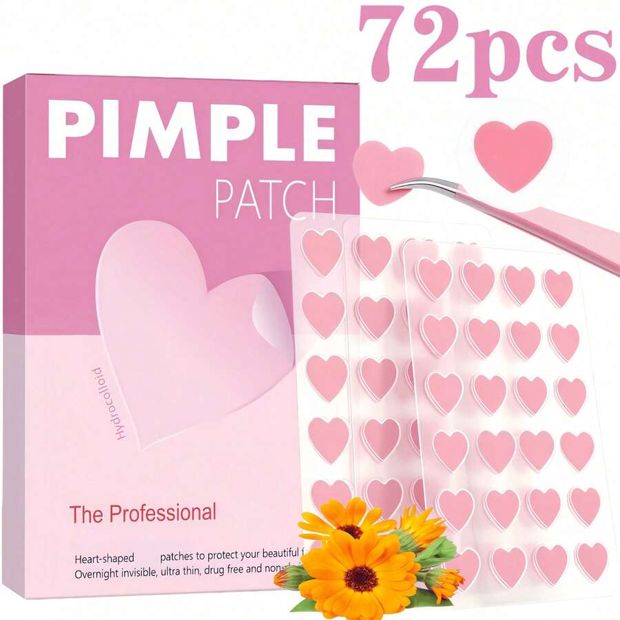 72pcs Heart-Shaped Hydrocolloid Acne Patches Without Tools, Cute Pink ...