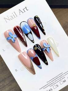 Handcrafted Fall Press On Nails, Contrast Color Blue Wine Red Ombre 3D Floral Fake Nails. Luxury Fall Nails, Long Stiletto Shape, Metallic Gold Line & Rhinestone Decor Reusable Nails - Dusty Blue - View 4