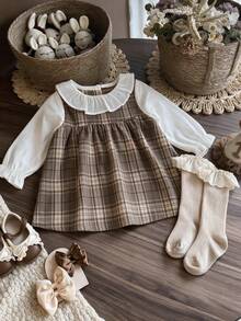 Girls' Spring/Autumn New Plaid Dress, Brown Check 2 In 1 Peter Pan Collar Long Sleeve Princess Dress - Khaki - View 9