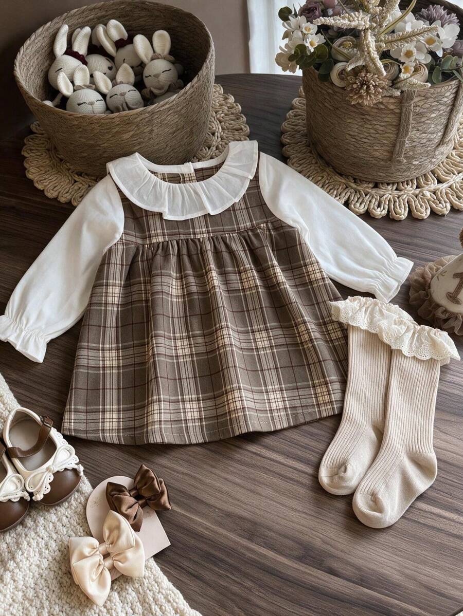 Girls' Spring/Autumn New Plaid Dress, Brown Check 2 In 1 Peter Pan Collar Long Sleeve Princess Dress - Khaki - View 1