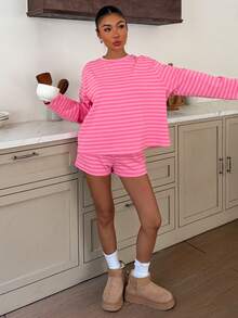 Women's Pink Striped 2 Pieces Loungewear Set, High Elasticity Long Sleeve Top And Shorts, Casual Comfortable Outfit - Pink Stripes - View 5