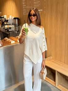 1pc Women's Casual Knit Cardigan With Button Detail, Elegant Fashion Long Sleeve Regular Length Cape, Suitable For Autumn Wear - Apricot - View 3
