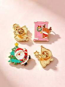 Christmas Enamel Brooch Pins Set, Cute Santa Claus And Reindeer Door Lapel Pin, Gold Tone Cartoon Xmas Badge For Jacket Backpack Holiday Gift - Multicolor - View 3