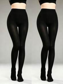 2pairs Women High Waist Semi-Opaque Black Tights, Stretchy Shaping Pantyhose, Slimming Leg Solid Color Hosiery For Daily Wear - Black - View 7