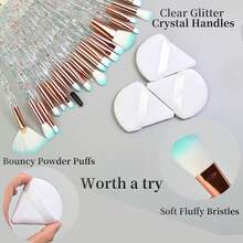 20Pcs Glitter Crystal Handle Makeup Brush Set With 3Pcs Triangle Powder Puffs, Soft Gradient Bristles Professional Cosmetic Brushes For Foundation Powder Eyeshadow Blending, Beginner Makeup Tool Kit - Multicolor - View 5