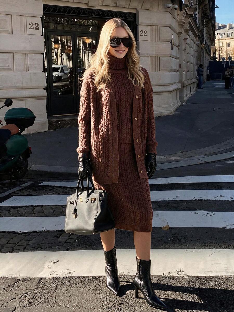 NOVELLE Women's Halter High Neck Knit Sweater Set, Autumn Winter Loose Cardigan Slim Fit Midi Dress, For Daily Going Out, Commute And Dating - Brown - View 1