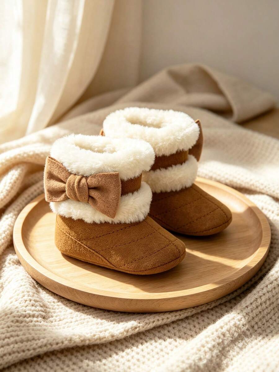 Sepatu Boot Bayi Hangat dan Nyaman dengan Pita Kupu-kupu, Sol Lembut Anti Selip dan Dapat Disesuaikan untuk Bayi Baru Lahir dan Anak Perempuan