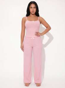 Sweet & Cute Women's Pajama Set, Backless Bow Camisole + Long Pants, Ribbed Knit Elastic Soft Pink Eye-Catching Campus - Pink - View 4
