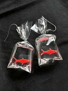 1 Pair Fashion Creative Casual Transparent Resin Fish Bag Pendant Earrings, Minimalist Novelty Fun Japanese Style Cool Shark Ocean Theme Ear Jewelry - Water Bag Fish - View 6