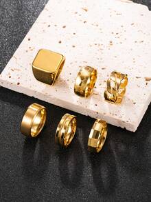 Hipoem 6pcs Fashion Stainless Steel Men's Ring Set With Large Square, Twisted, Football Elements, Suitable For Daily Wear, Dating, Halloween Party, Holiday Accessories - Gold - View 3