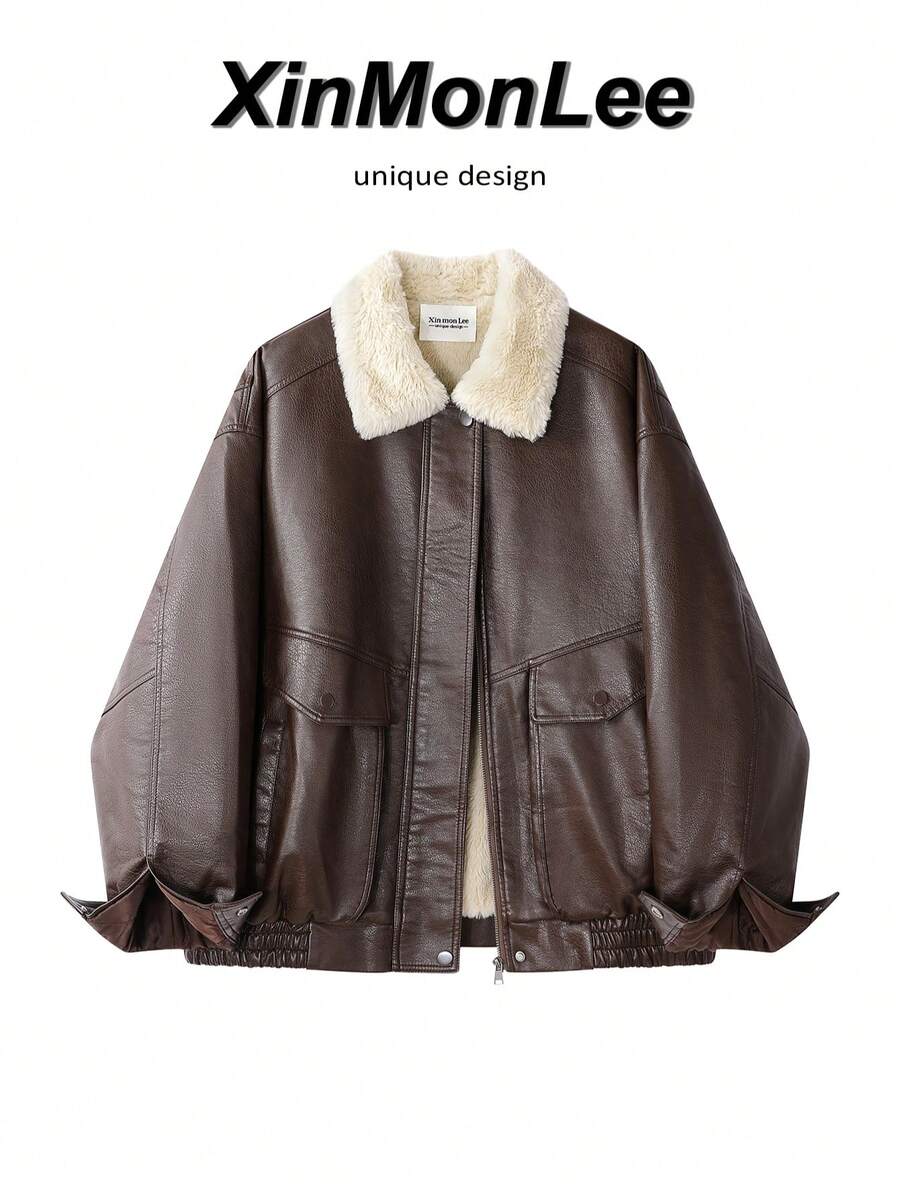American Korean Style Black PU Leather Jacket With Zipper, College Vacation Casual Autumn/Winter - Coffee Brown - View 1