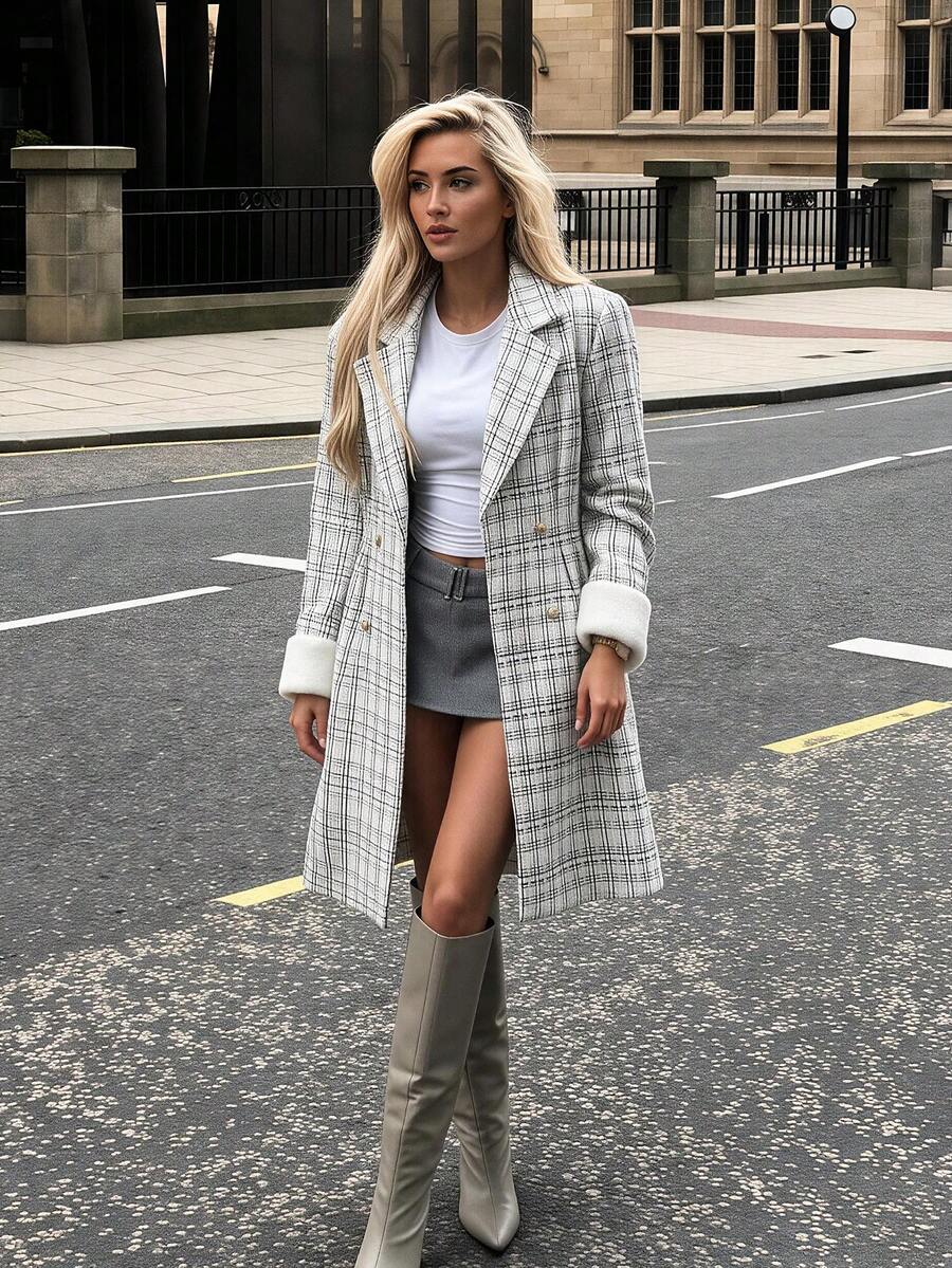 Women's Winter Tweed Mid-Length Coat, Faux Fur Cuffs, Double-Breasted Long Sleeve Woven Fabric - Black and White - View 1