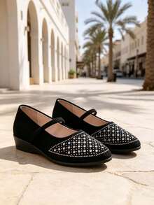 Elegant Women's Shoes-Rhinestone-Embellished Mary Jane Wedges; Suitable For Halloween, Christmas, And Everyday Wear. - Black - View 8