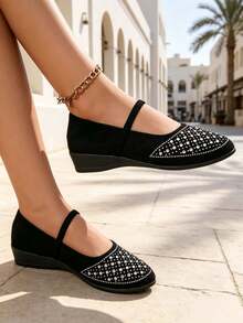 Elegant Women's Shoes-Rhinestone-Embellished Mary Jane Wedges; Suitable For Halloween, Christmas, And Everyday Wear. - Black - View 9