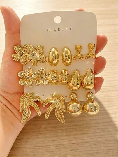 2-8 Pairs Fashion Minimalist Gold Metallic Stud Earrings Set, Water Drop, Heart, Eternal Petal, Mermaid Tail Series, Made Of ABS Resin With High Color Retention Gold Plating, Fade-Resistant, Hypoallergenic, Suitable For Daily Wear, Dates, Parties, Holidays, Gifts