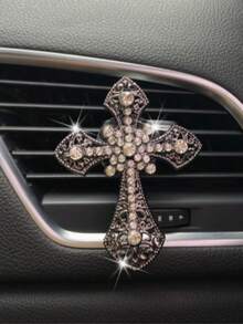 1pc Metal Cross Car Air Vent Perfume Clip Rhinestone Cross Car Decoration Perfume Car Accessory - A - View 2