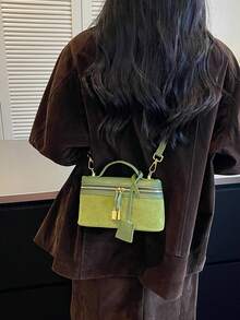 1件時尚女款斜挎包，純色方形手提包，方盒包，PU皮革編織紋理布料，拉鍊開合，可調節肩帶，休閒日常包，適合年輕女性－旅行、工作、購物、約會、禮物、辦公室 - 綠色 - 查看 7