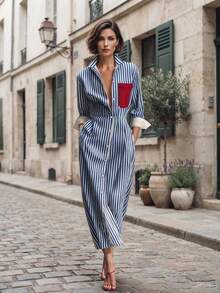Autumn Casual Vacation Striped Colorblock Shirt Pocket Midi Dress Elegant - Blue - View 4