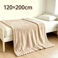 1pc Luxury Thin Double-Sided Faux Rabbit Fur Blanket, Comfortable Striped Flannel, Soft & Warm, Suitable For Nap, Office, Camping, Sofa, Multi-Functional Polyester Bed Cover, Christmas Gift - Khaki - View 14