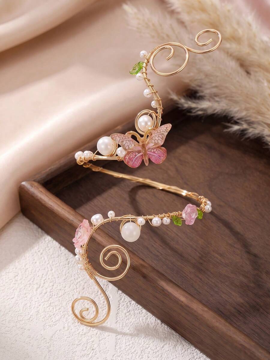 1pc Summer Fashion Flower Butterfly Arm Bracelet Exaggerated Geometric Open Metal Cuff Bangle Suitable For Vacation Wear, Party, Gathering - Multicolor - View 1