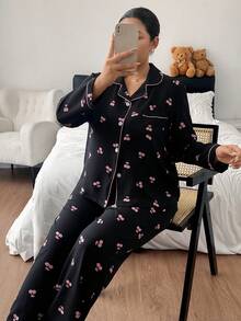 Elegant Printed Women Long Sleeve Pants Pajama Set Soft Comfortable Home & Streetwear - Black - View 1