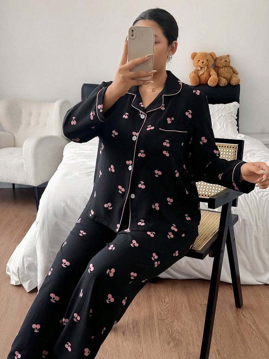 Elegant Printed Women Long Sleeve Pants Pajama Set Soft Comfortable Home & Streetwear - Black - View 1