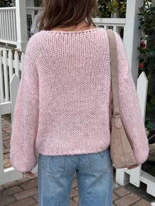 GLAMMY Early Autumn Korean Pure Desire Style Slightly Sheer Knit Top, Lazy Hollow Mesh Boat Neck Off-Shoulder Loose Lantern Sleeve Cover-Up Sweater, Gentle Vacation Vibe Date Outfit, Solid Color Ribbed Hollow Design For Inner Camisole Layering, Home And Daily Wear - Pink - View 7
