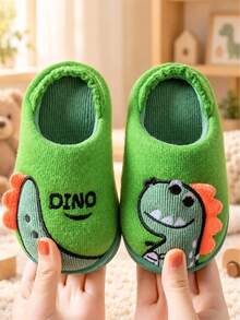1 Pasang Sandal Hangat Anti Selip Tahan Aus dengan Motif Dinosaurus Bordir yang Modis - Hijau - View 2