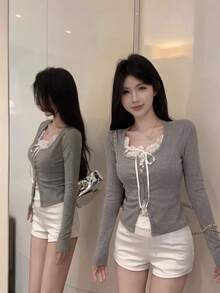 Casual Lace Patchwork 2 In 1 Bowknot Long Sleeve Women's Top Autumn - Grey - View 6