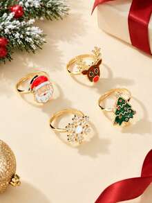 4pcs American Winter Limited Edition Christmas Style Exquisite Women's Ring Set, Small & Beautiful Open Adjustable Finger Ring Set, Fashion Personalized Jewelry Gift Suitable For Daily Wear, Perfect Party And Holiday Gift, Versatile Accessory For Casual And Vacation Outfits For Men And Women - Multicolor - View 7