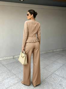 2pcs Solid Color Elegant Casual Pocket Button Women's Two Pieces Set For Office And Daily Wear, Autumn - Khaki - View 3
