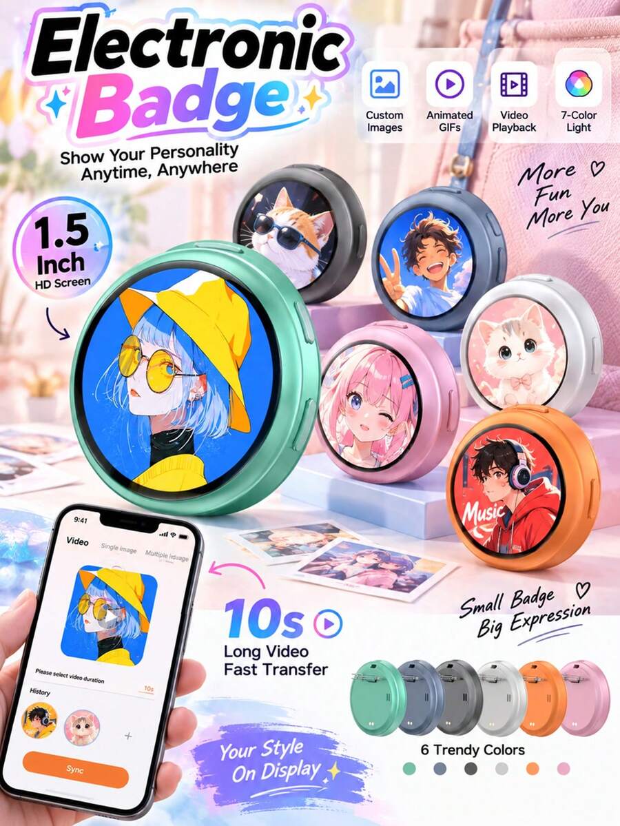 YAIUZGOO Digital Display Backpack Brooch, Dynamic Photo Design, Touch Control, Unique Personalized Style, Suitable For Backpack, Personal Style, Cosplay And Fan Circle Wearable Badge Accessory